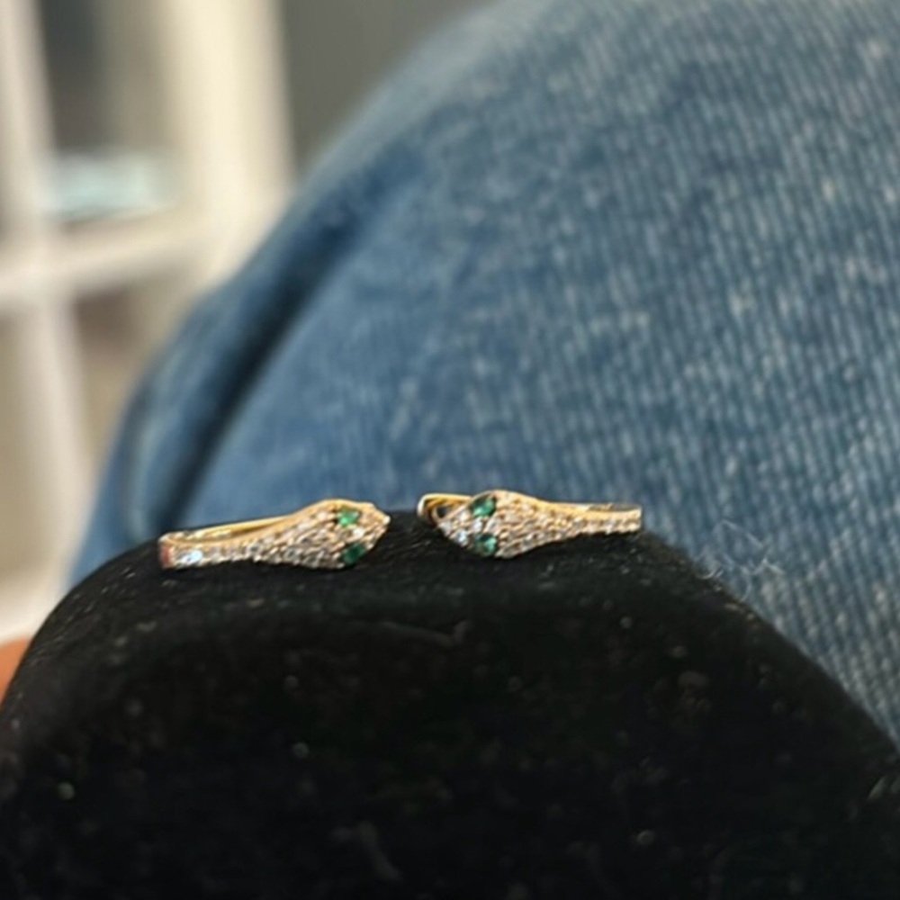 SOLD! 14K Diamond Emerald Snake Eyes Huggie Hoop Earrings - Solid Yellow Gold - Picture 3 of 7